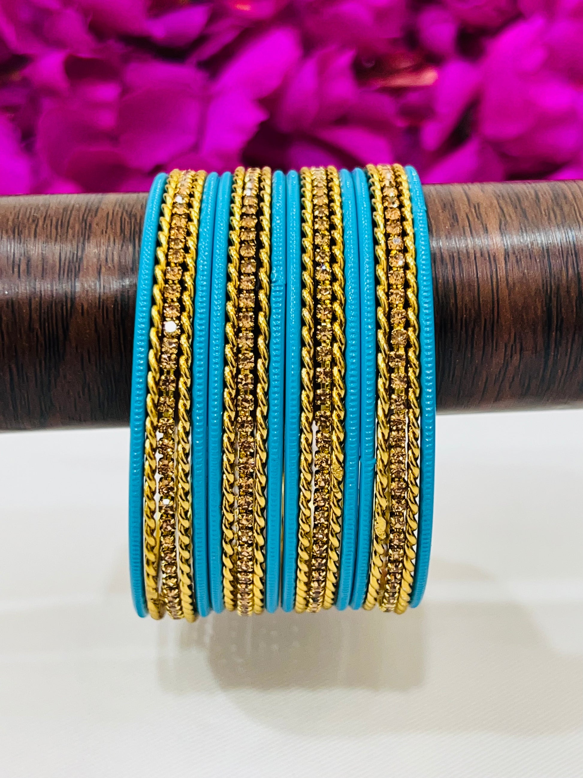 Lovely Sky Blue Color Metal Bangles With Gold Spiral Design In Tempe