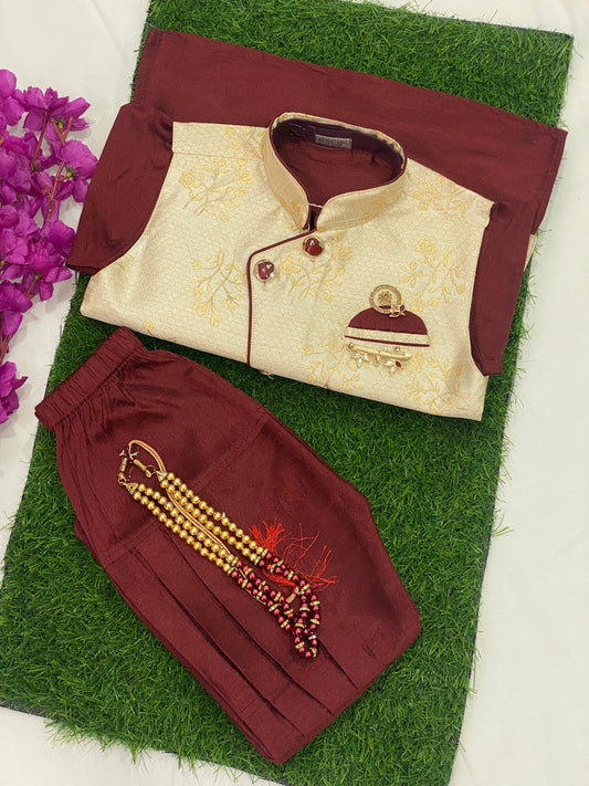 Festive Maroon Color Kids Kurta Set In Silk With Brooch Pin And Pearl Mala