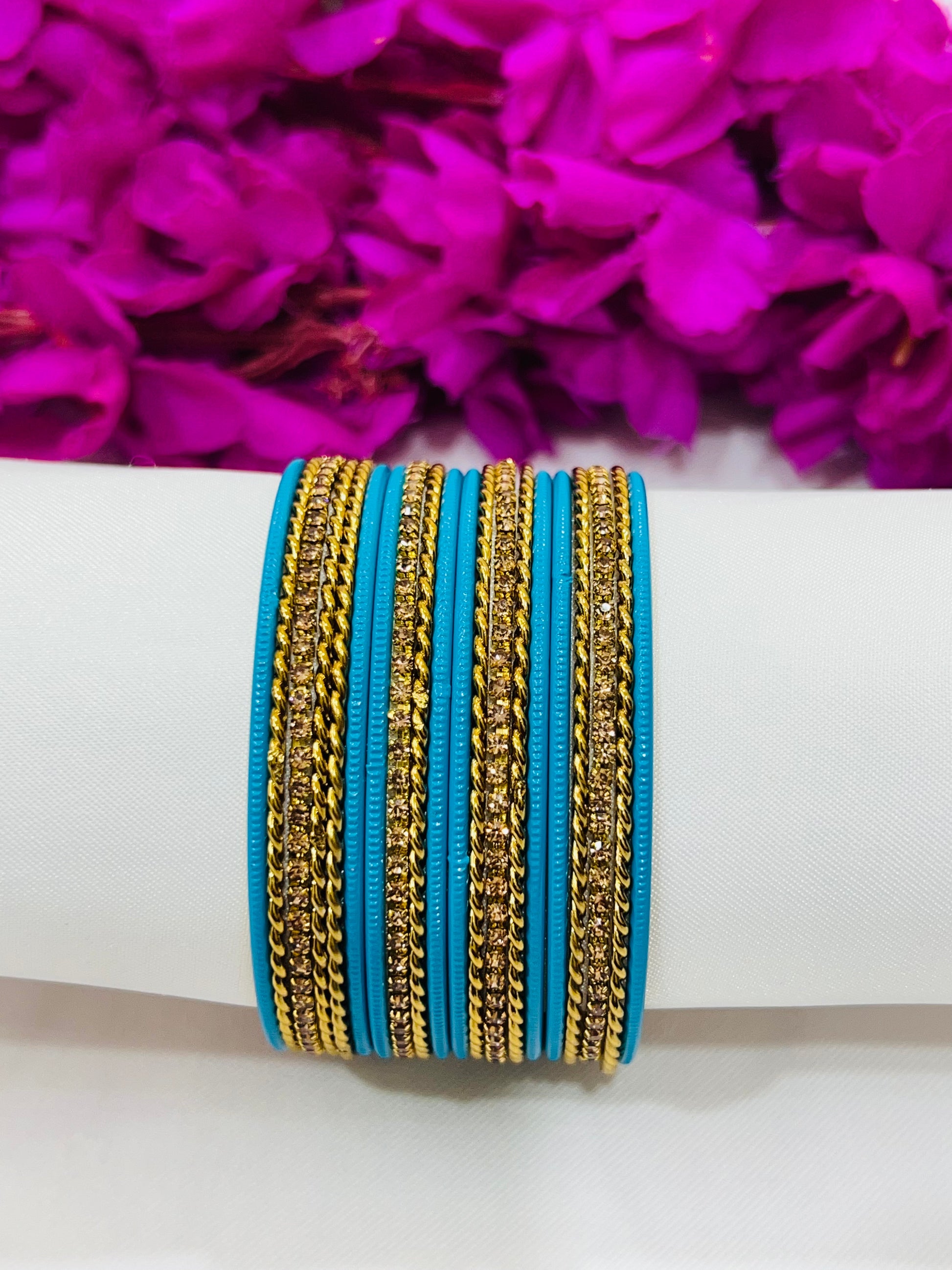 Lovely Sky Blue Color Metal Bangles With Gold Spiral Design Near Me