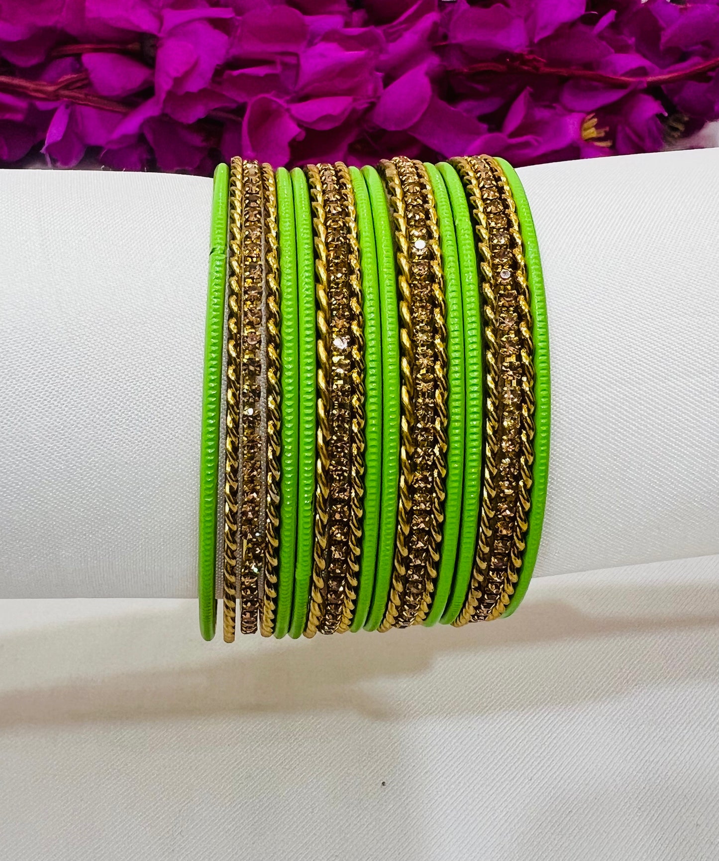 Alluring Light Green Color Metal Bangles With Golden Spiral Design Near Me