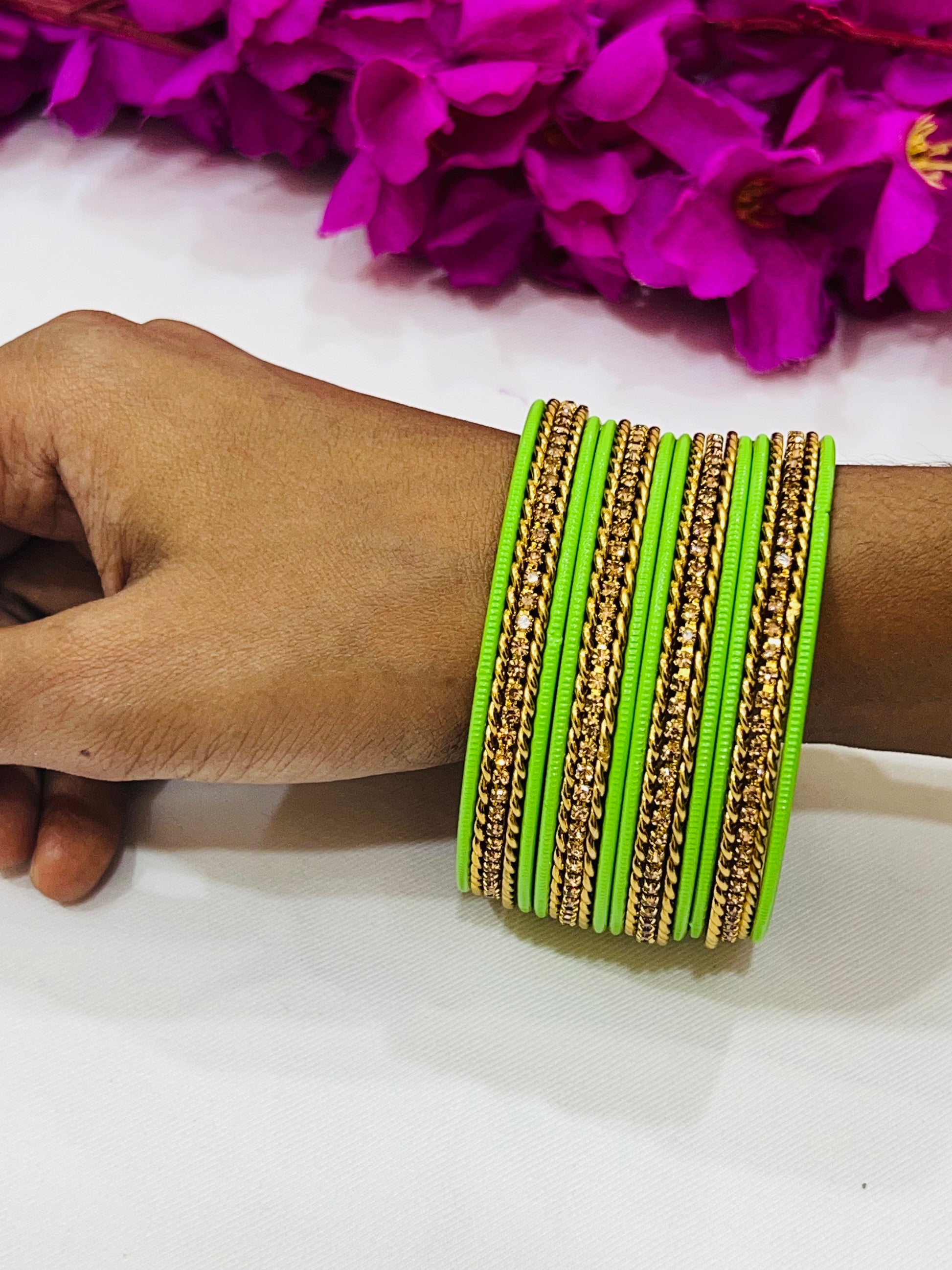 Light Green Color Metal Bangles With Golden Design In USA