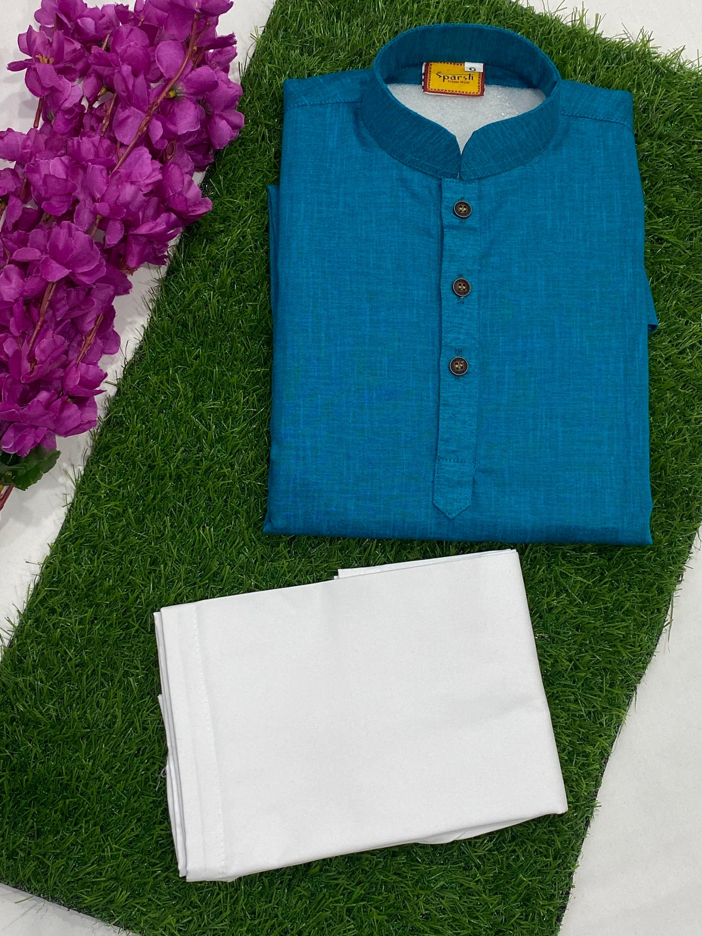 Dazzling Teal Blue Designer Cotton Kurta Set For Kids