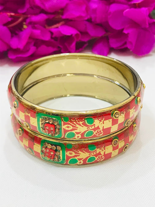 Charming Red Color Checked Design Glass Bangles For Women