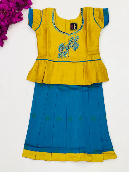 Attractive Blue Color Art Silk Embroidered Langa Set For Girls