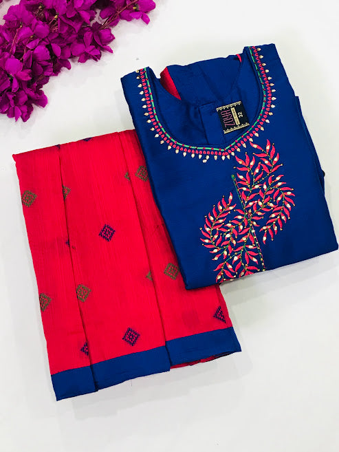 Pleasing Art Silk Blue And Pink Embroidered Work Langa Set Near Me