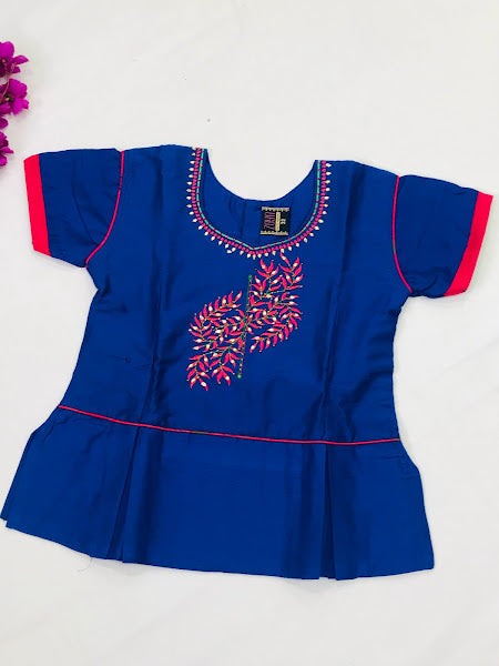 Pleasing Art Silk Blue And Pink Embroidered Work Langa Set In USA