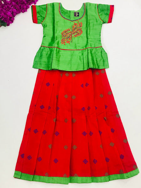 Gorgeous Silk Cotton Green And Red Color Embroidered Work Langa Set