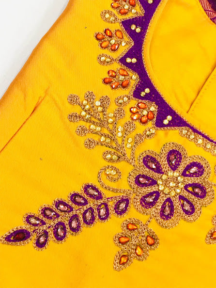 Appealing Yellow And Violet Color Designer Silk Langa Set Near Me