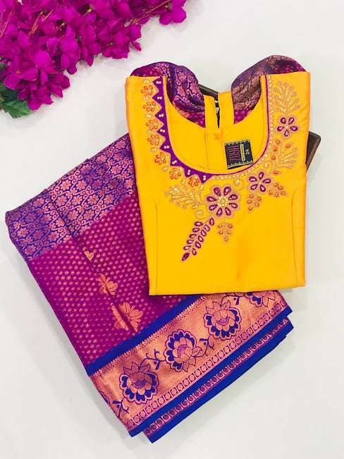 Appealing Yellow And Violet Color Designer Silk Langa Set Near Me