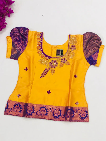 Appealing Yellow And Violet Color Designer Silk Langa Set In USA