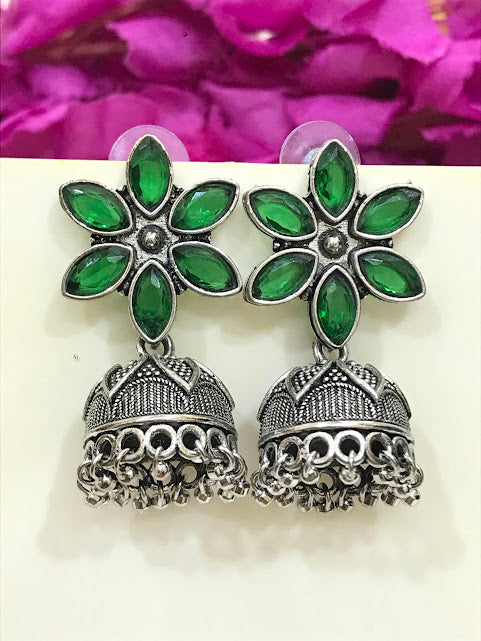 Beautiful Green Color Stoned Silver Oxidized Jhumka Earrings With Beads