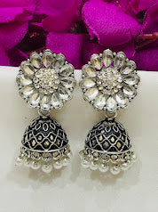 Elegant White Colored Oxidized Jhumka With Beads Earrings