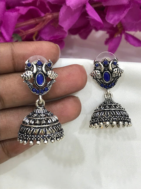 Elegant Blue Colored Peacock Design Silver Oxidized Jhumka Earrings Near Me