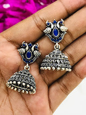 Peacock Design Silver Oxidized Jhumka Earrings In USA