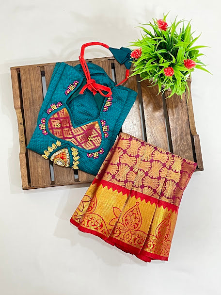Teal Green Color Silk Langa Set With Beads And Zari Work Near Me