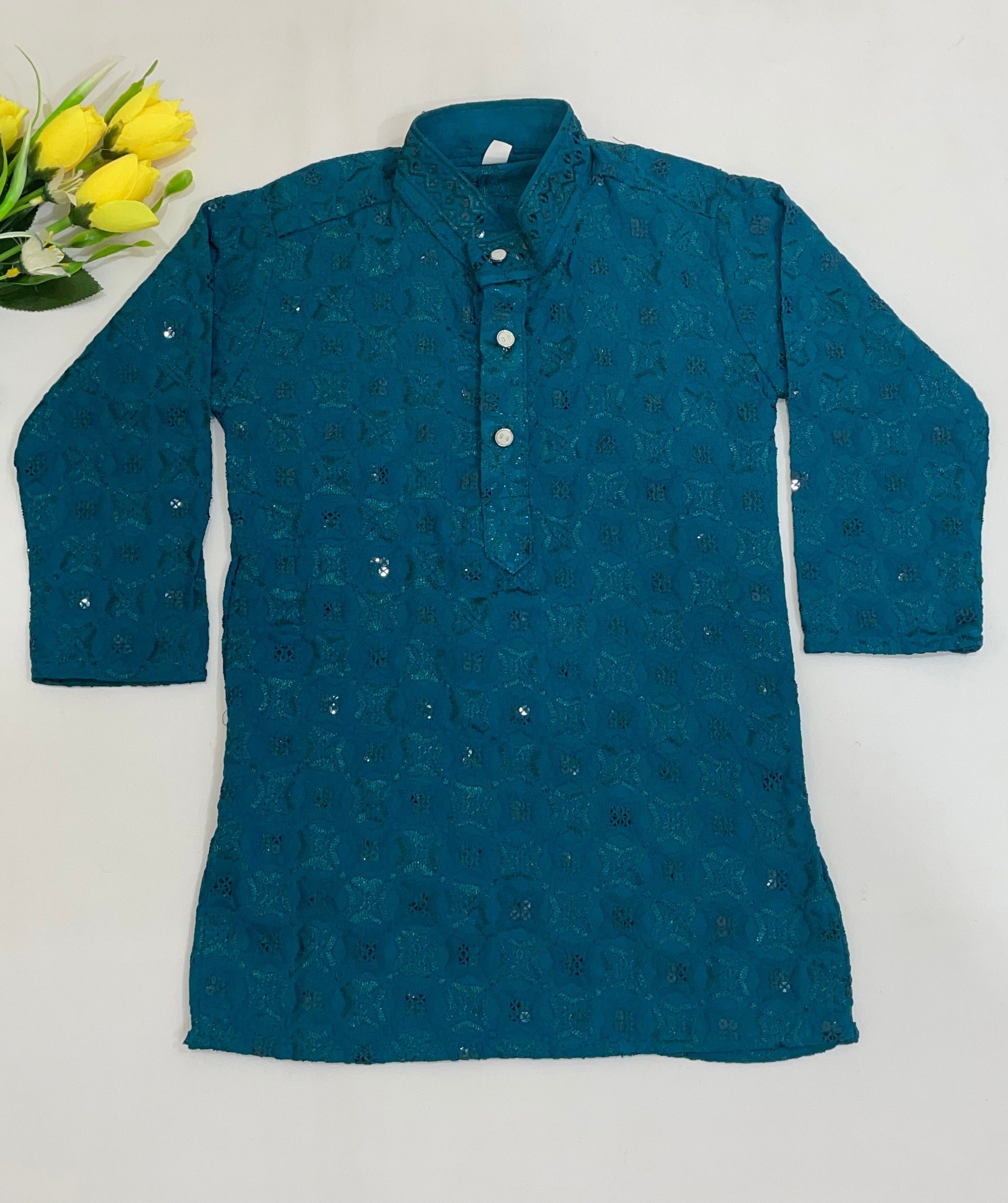 Teal Blue Colored Rayon Kurta With Pajama Pant Sets Near Me