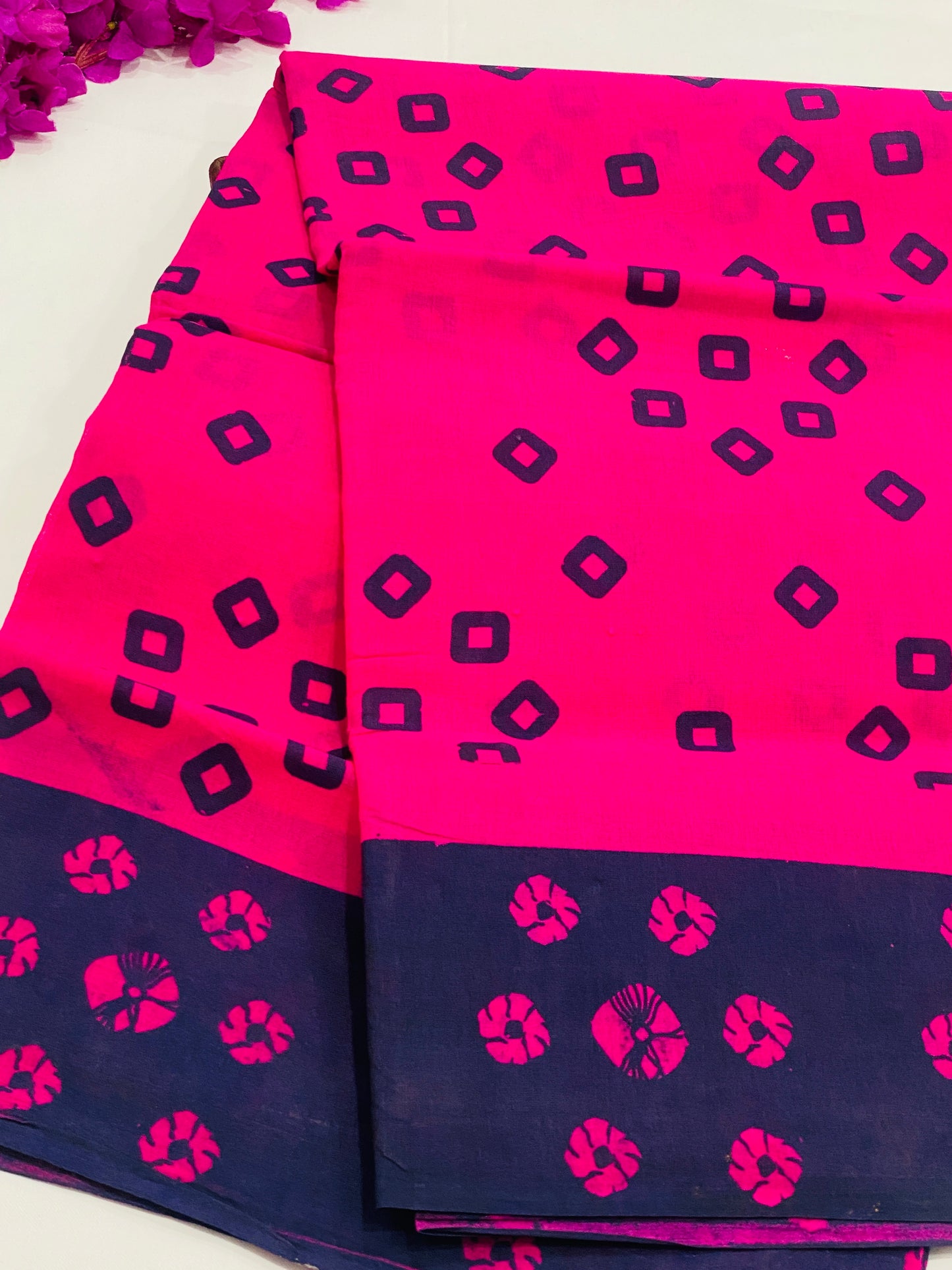 Pink Color Pure Cotton Saree With Contrast Blue Border In Arizona