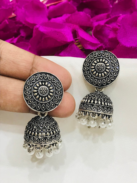 Exquisite Traditional Oxidized Jhumka Earrings With White Beads In Globe
