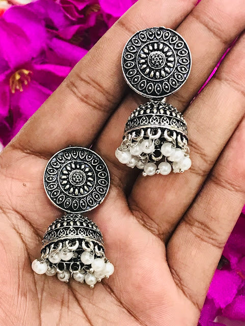 Exquisite Traditional Oxidized Jhumka Earrings With White Beads Near Me