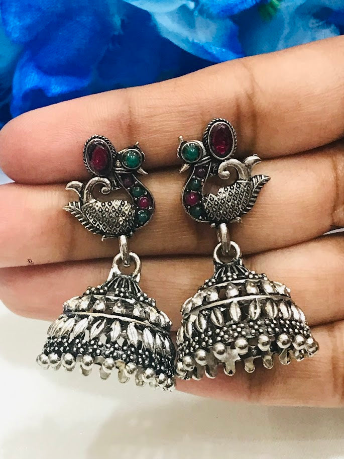 Delightful Red Color Stone Oxidized Jhumka Earrings Near Me