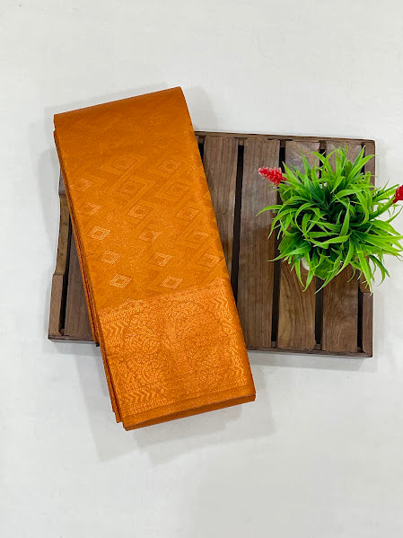 Alluring Copper Color Couple Combo Saree With Cotton Dhoti Shirt