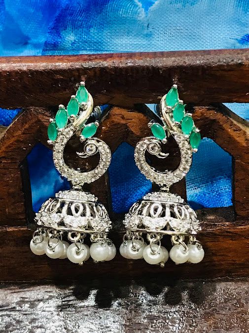 Green Color American Diamond Earrings For Women In Cotton Wood