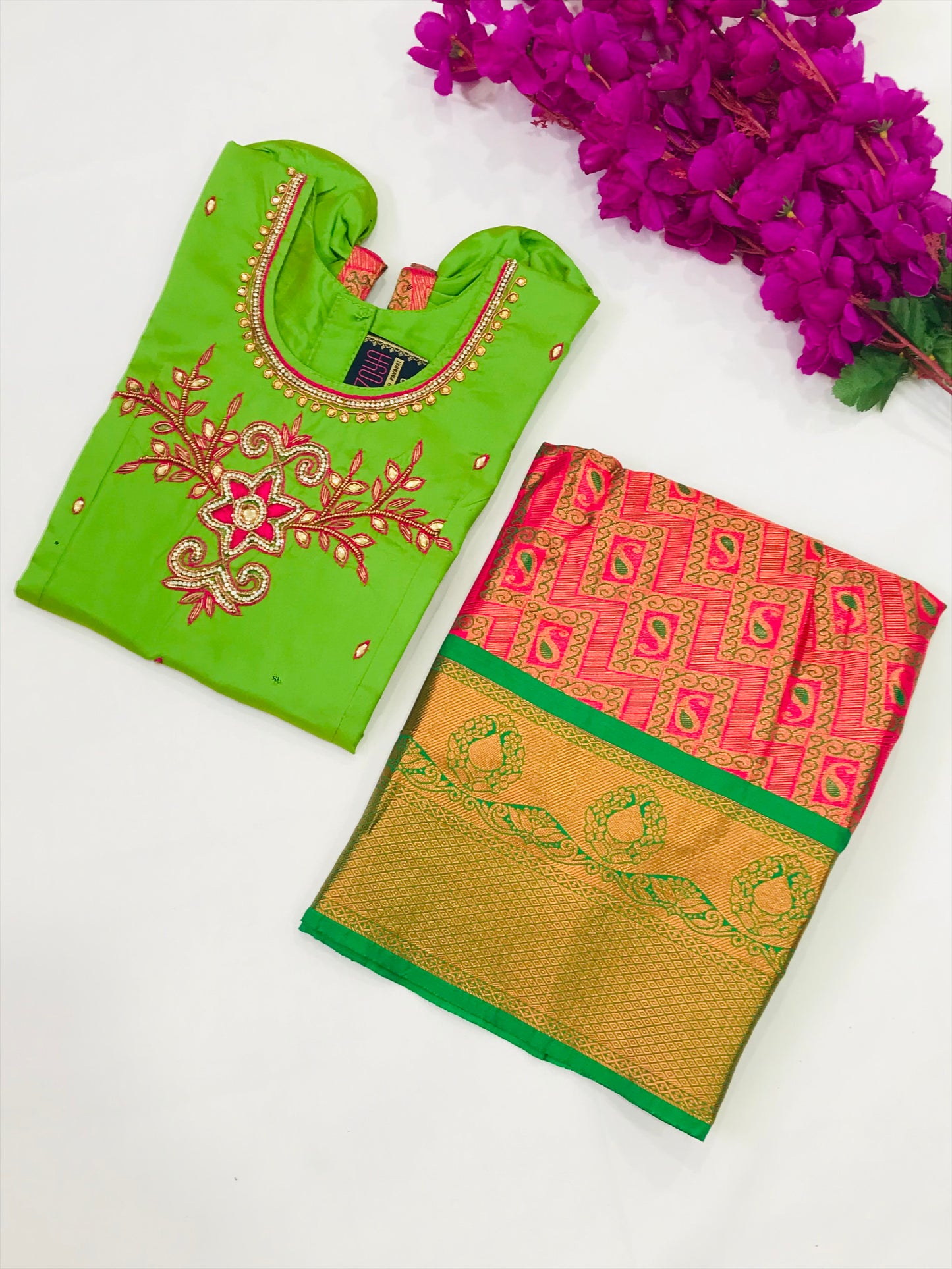 Silk Green And Pink Color Designer Langa Set Near Me