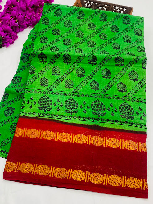 Green Color Pure Sungudi Cotton Saree With Red Contrast Zari Border