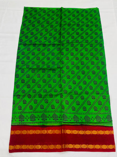 Green Color Pure Sungudi Cotton Saree With Red Contrast Zari Border In USA