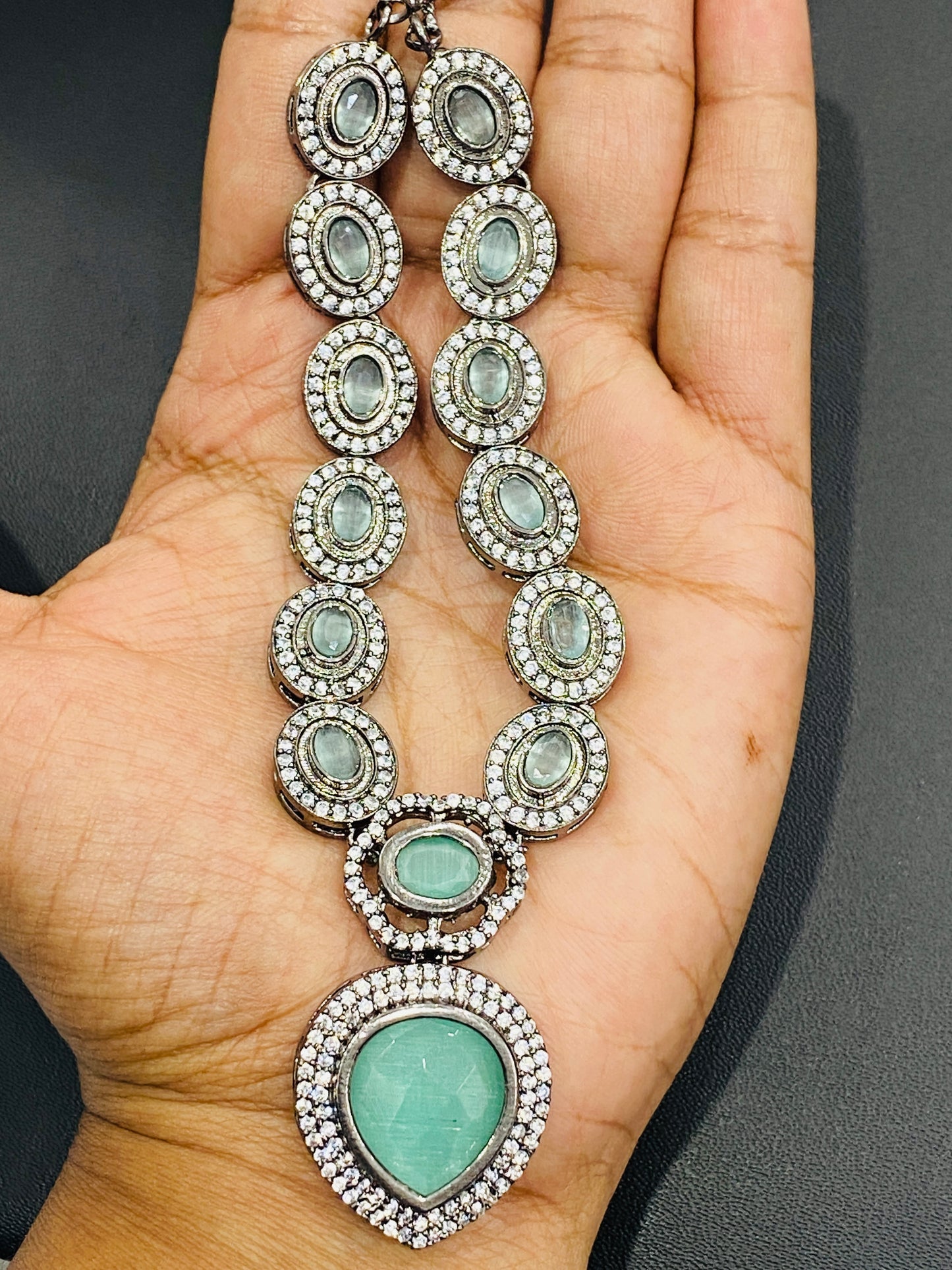 Turquoise Green Colored AD Stones Silver Oxidized Necklace Near Me