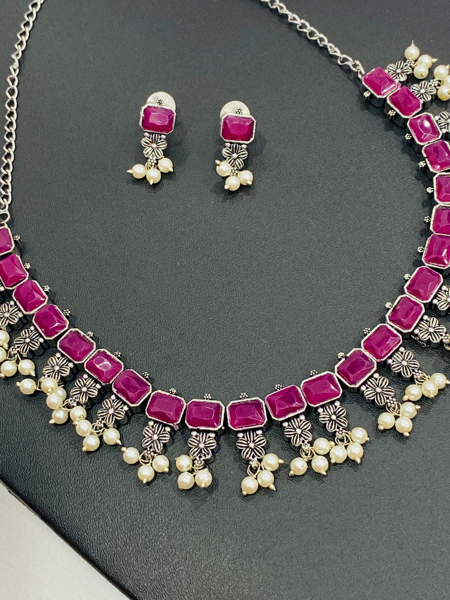 Flower Designed Silver Toned Oxidized Necklace Set With Earrings in Scottsdale