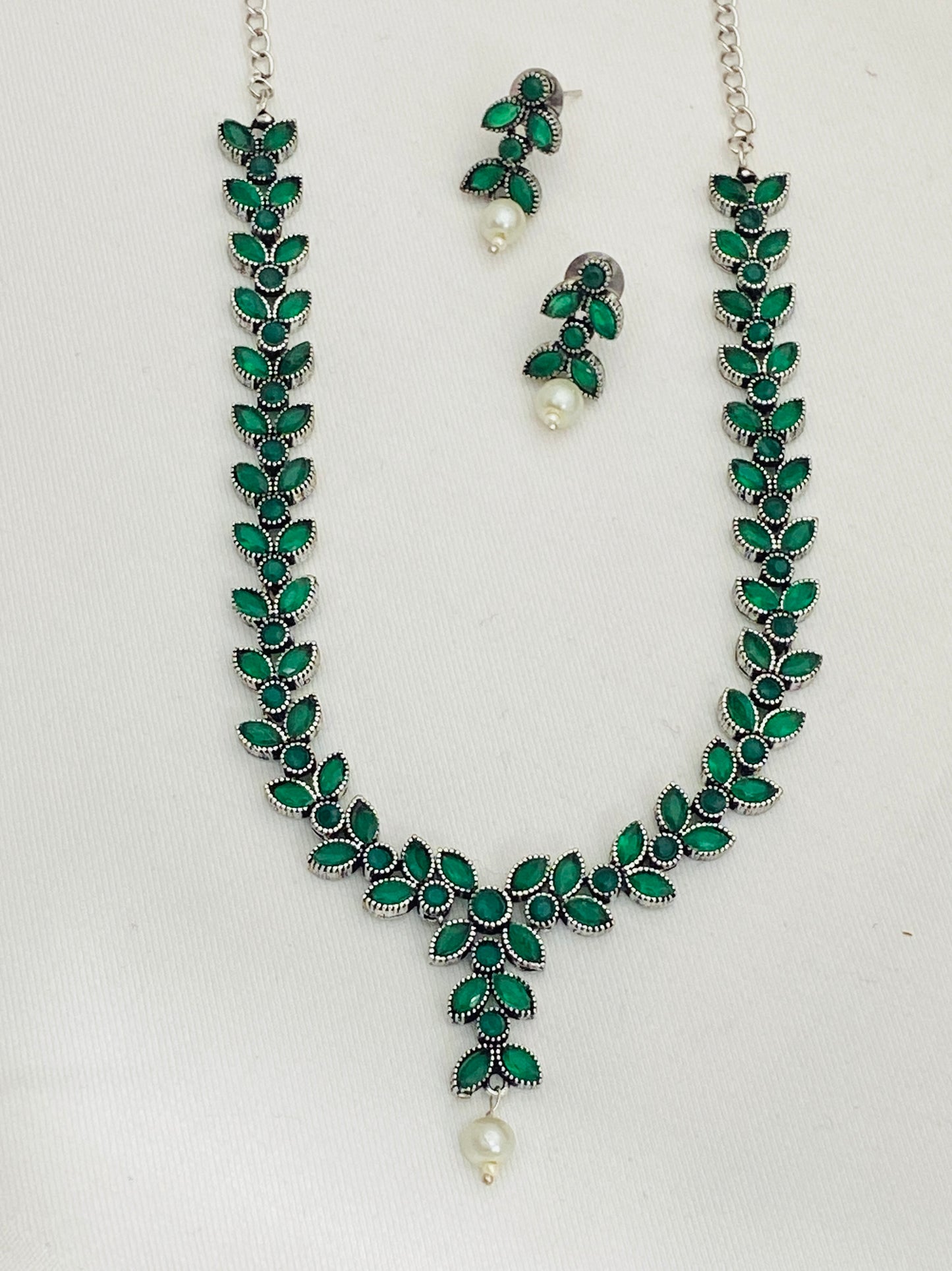 Leaf Designed German Silver Toned Oxidized Necklace With Earrings in Happy Jack