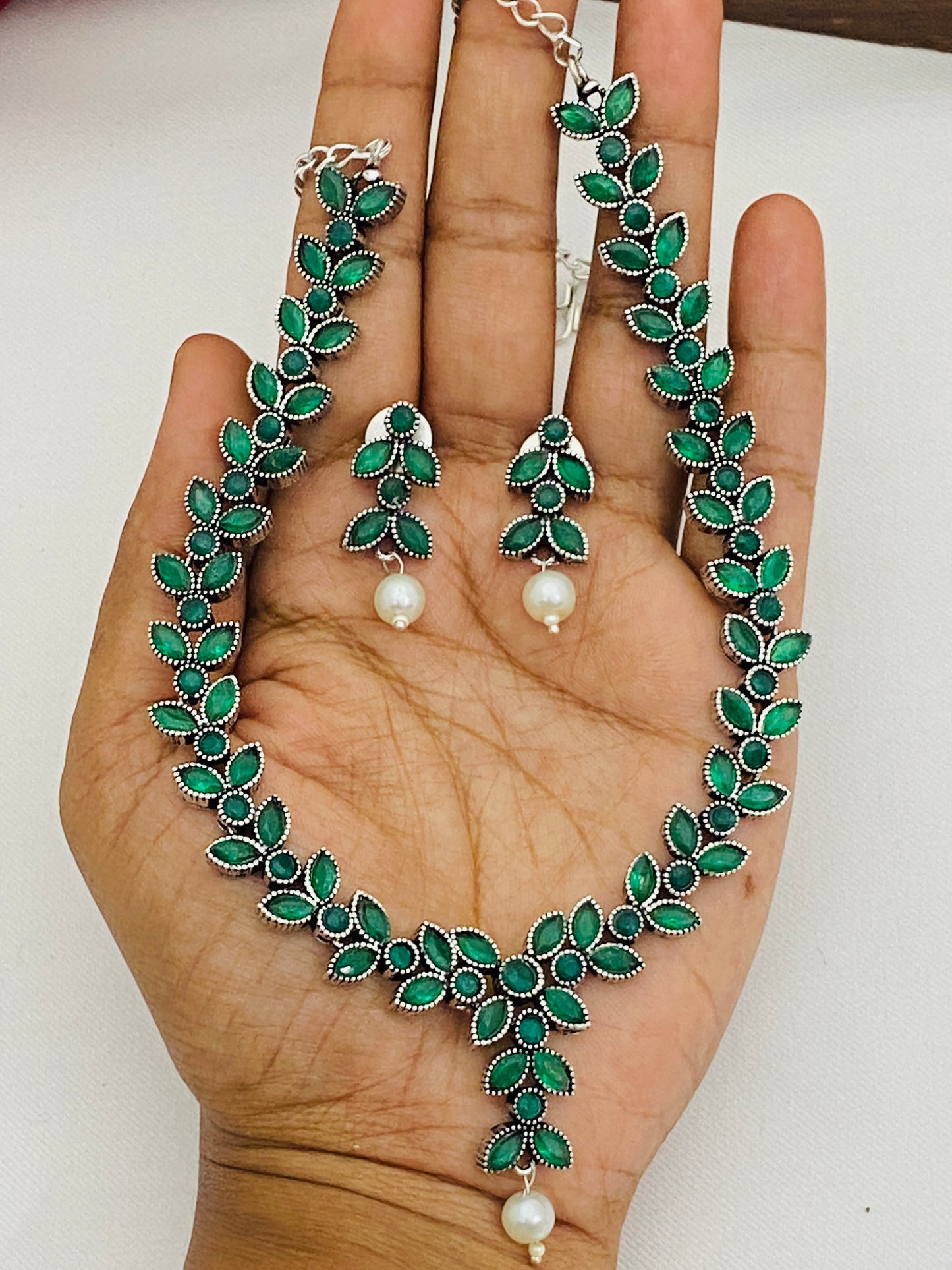 Emerald Stone Beaded Leaf Designed German Silver Toned Oxidized Necklace Near Me
