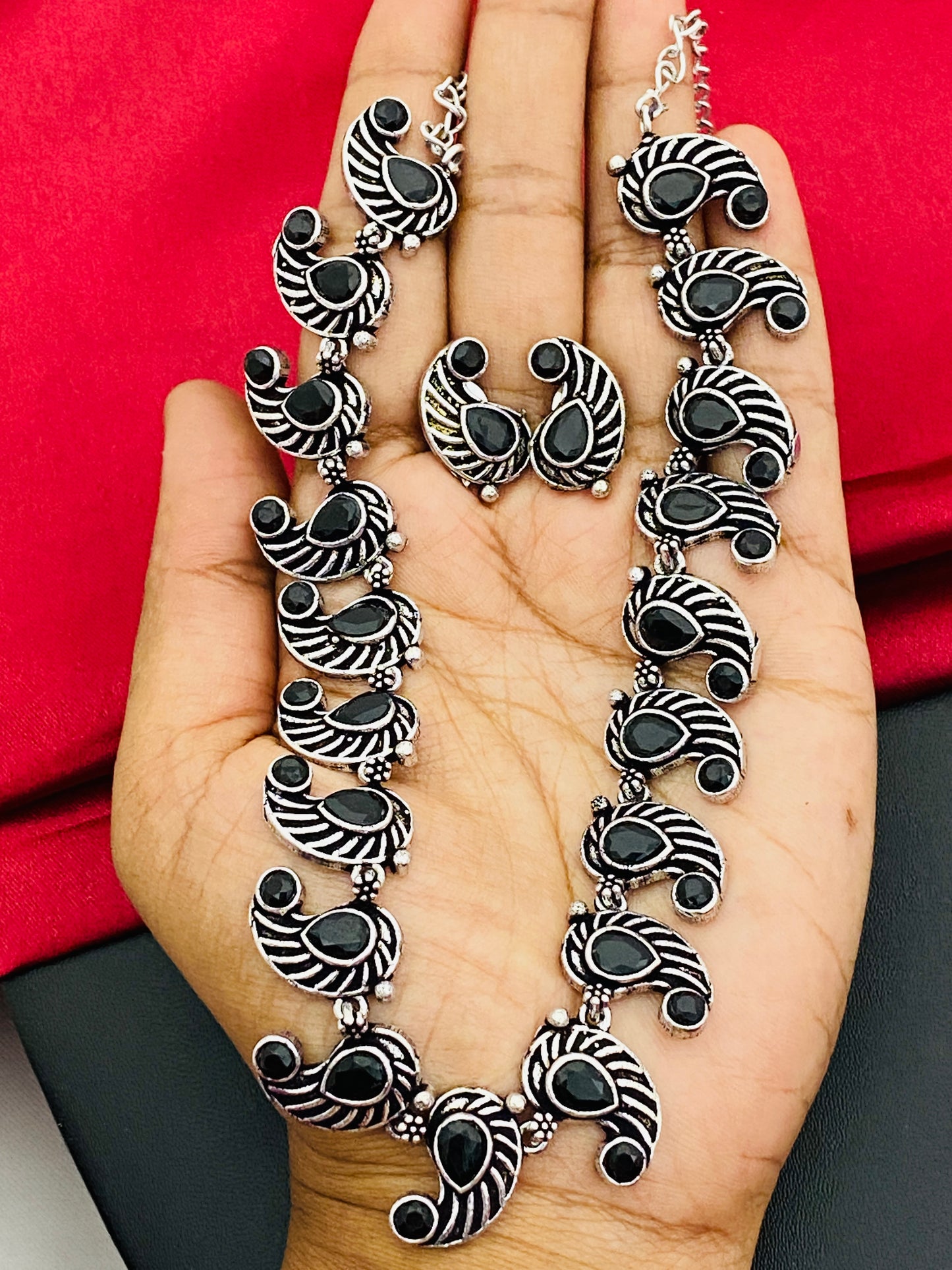 Black Stone Beaded Mango Design German Silver Plated Oxidized Necklace Set Near Me