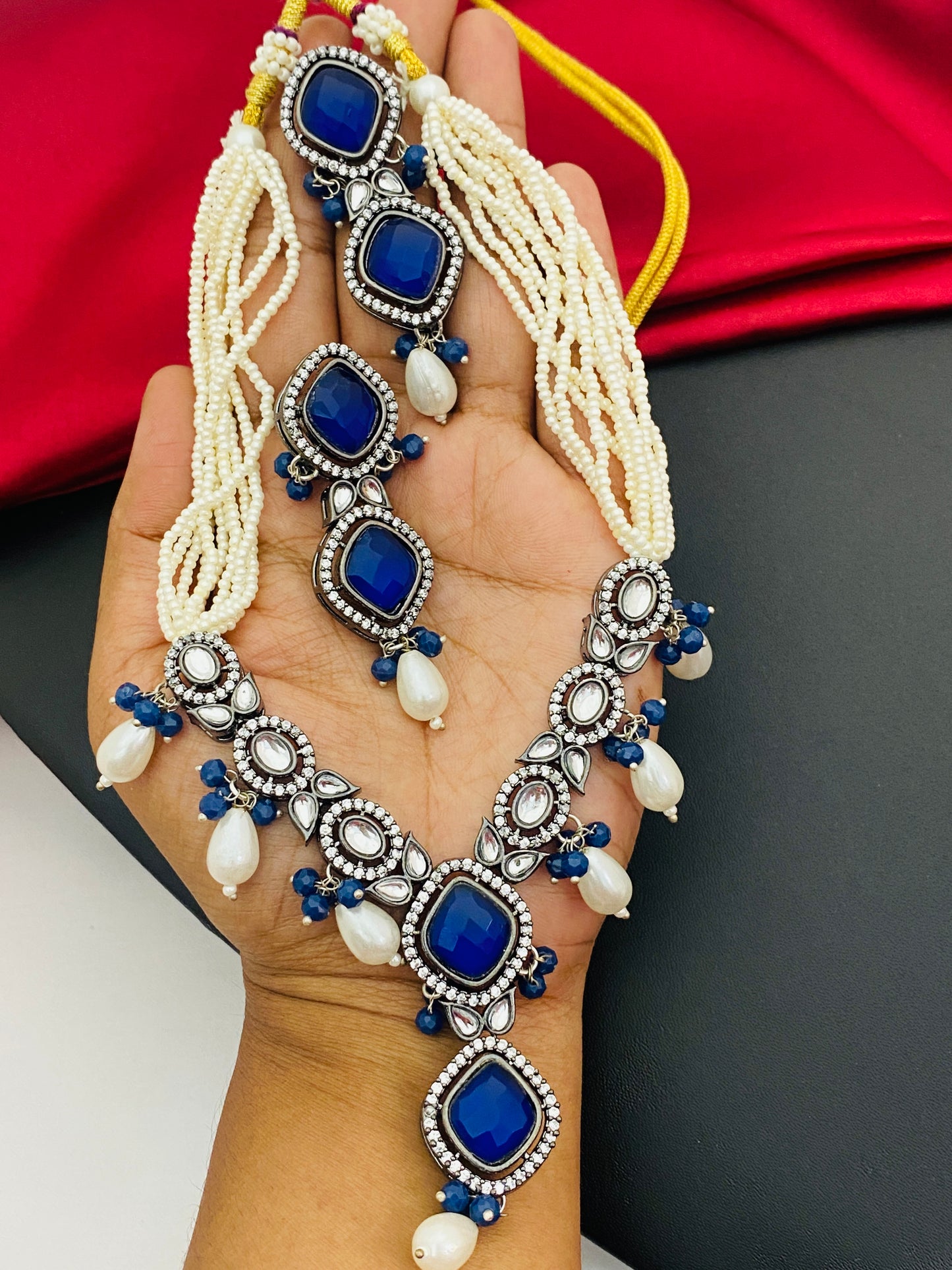 Blue Stone Studded Silver Toned Oxidized Pearl Necklace Set Near Me