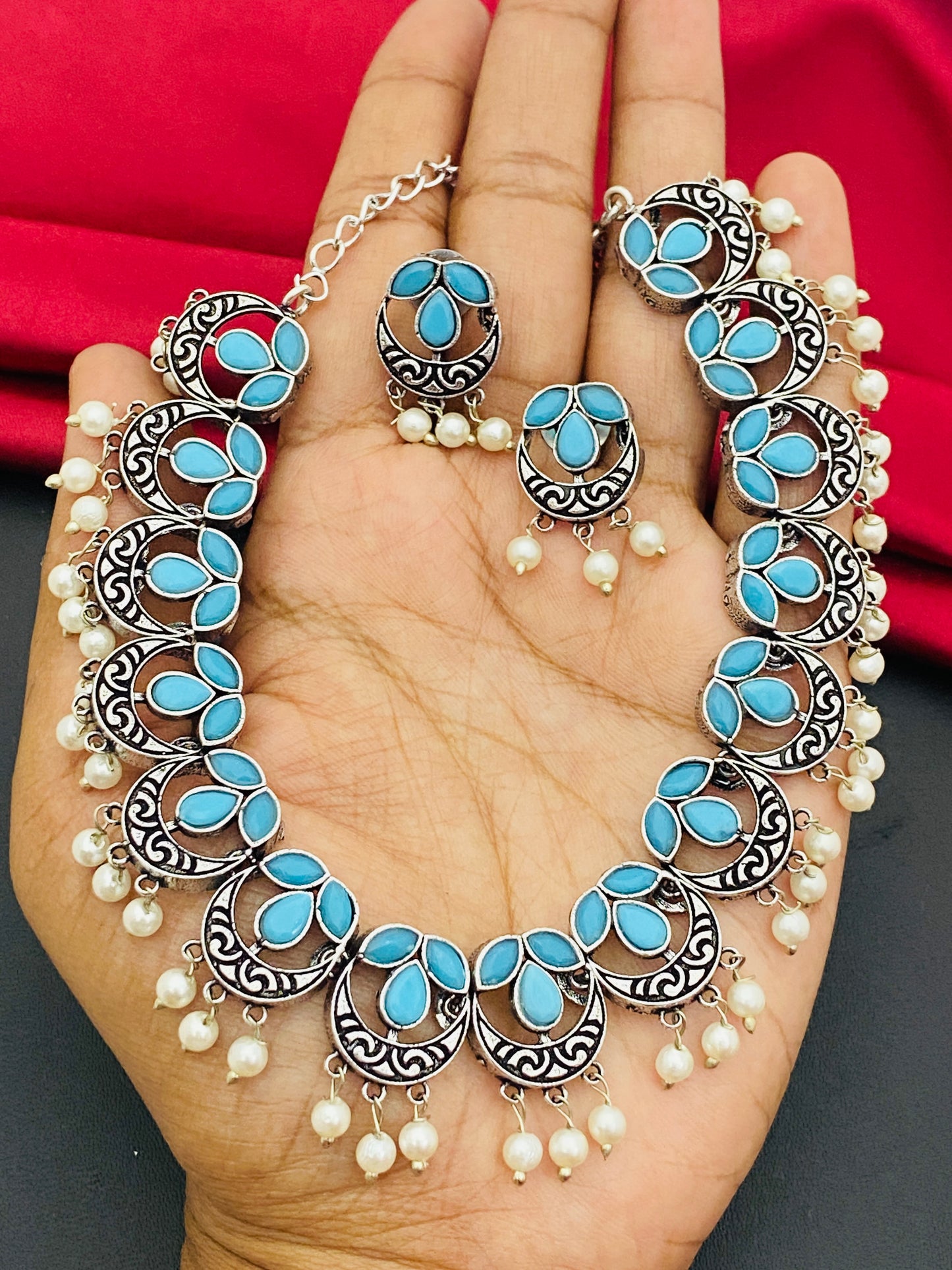 Light Blue Color Stone Beaded Silver Plated Oxidized Pearl Necklace Near Me