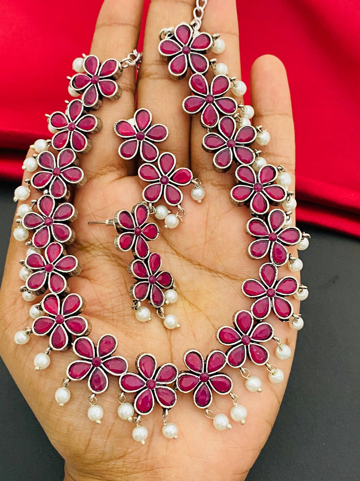 Silver Oxidized Floral Design Necklace Near Me
