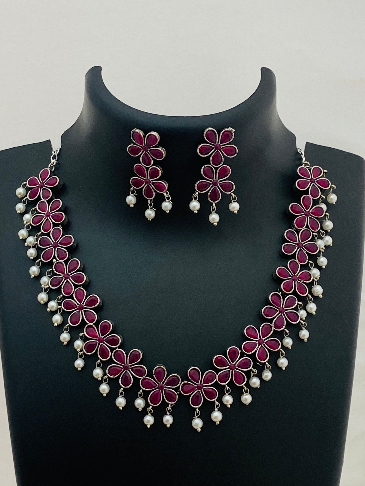 Trendy Silver Oxidized Floral Design Necklace With Ruby Stone in USA