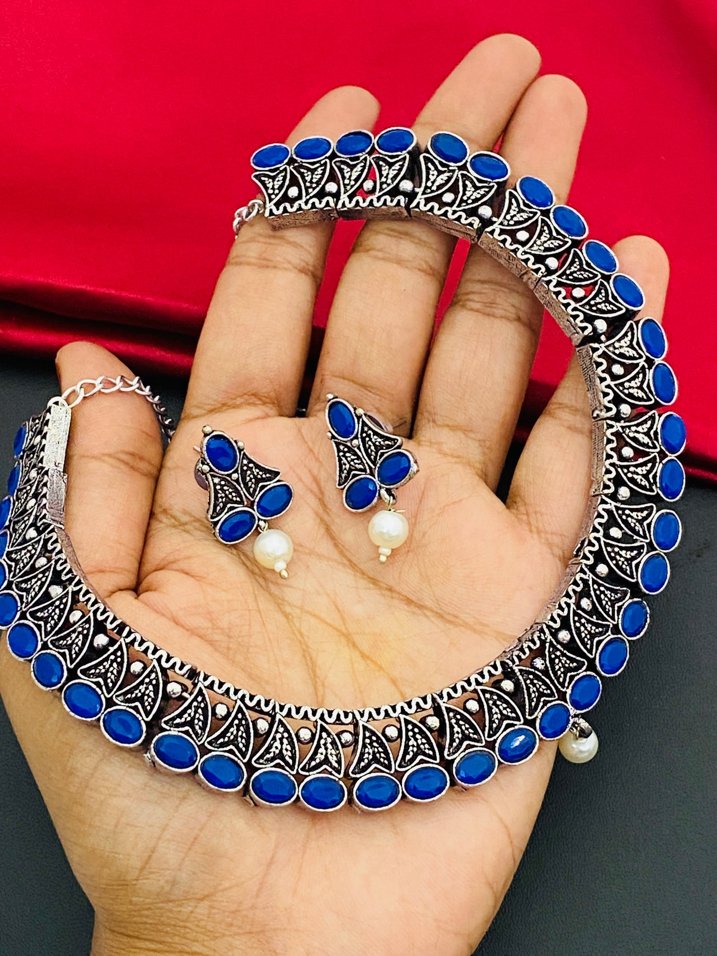 Dark Blue Color Silver Toned Oxidized Necklace Set Near Me