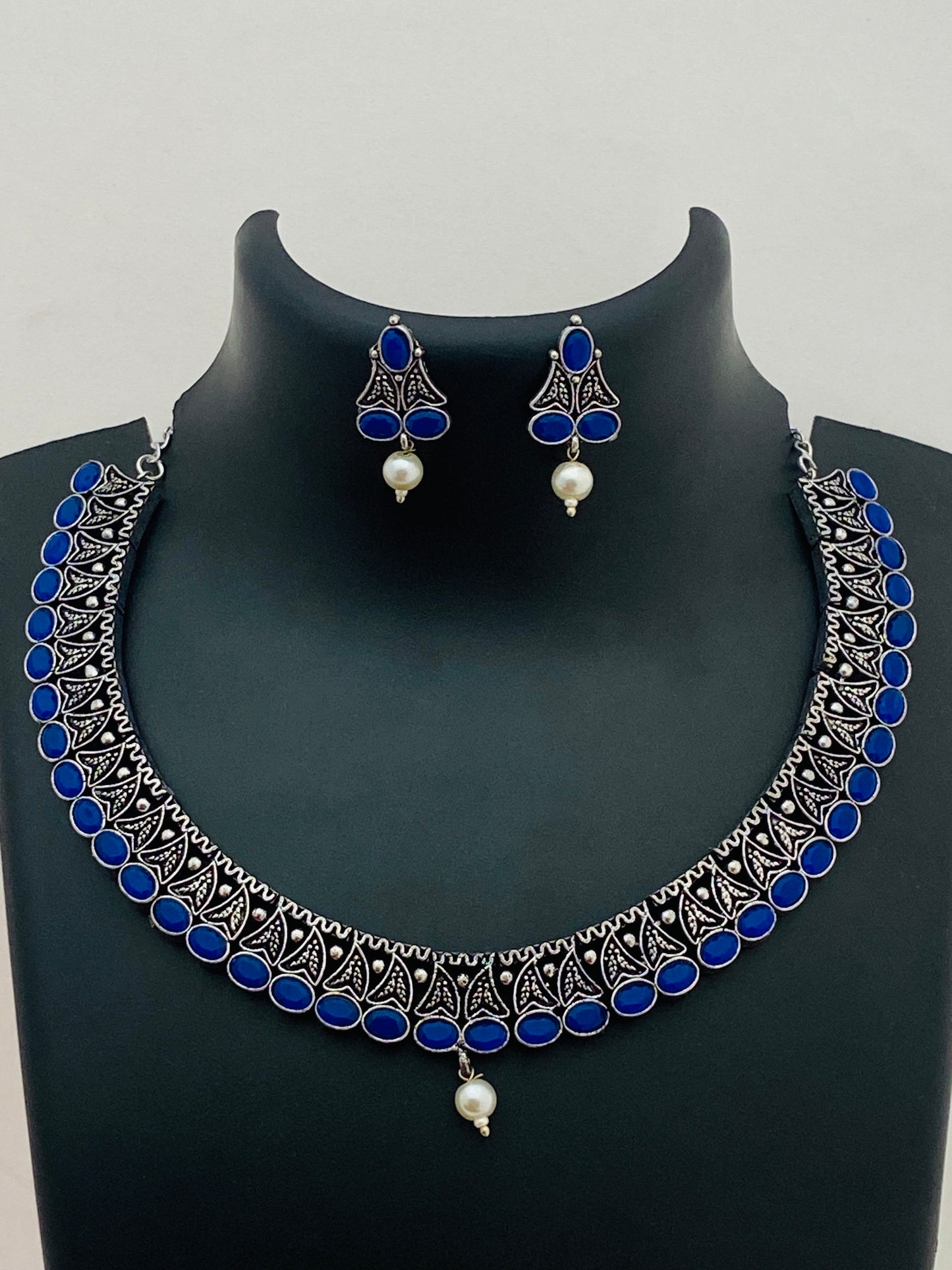 Dark Blue Color Silver Toned Oxidized Necklace Set With Earrings Near Me