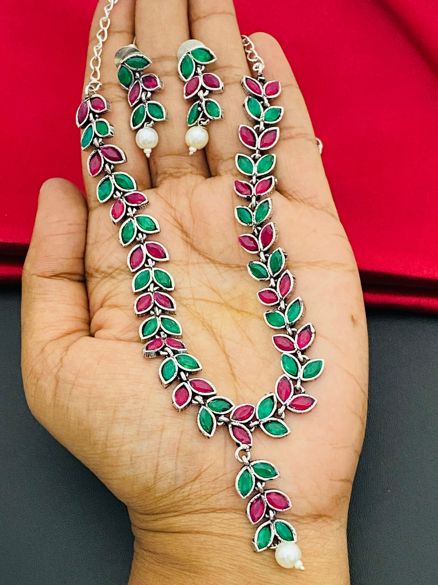 Multi Color Stone Beaded Leaf Designed Silver Plated Oxidized Necklace Near Me