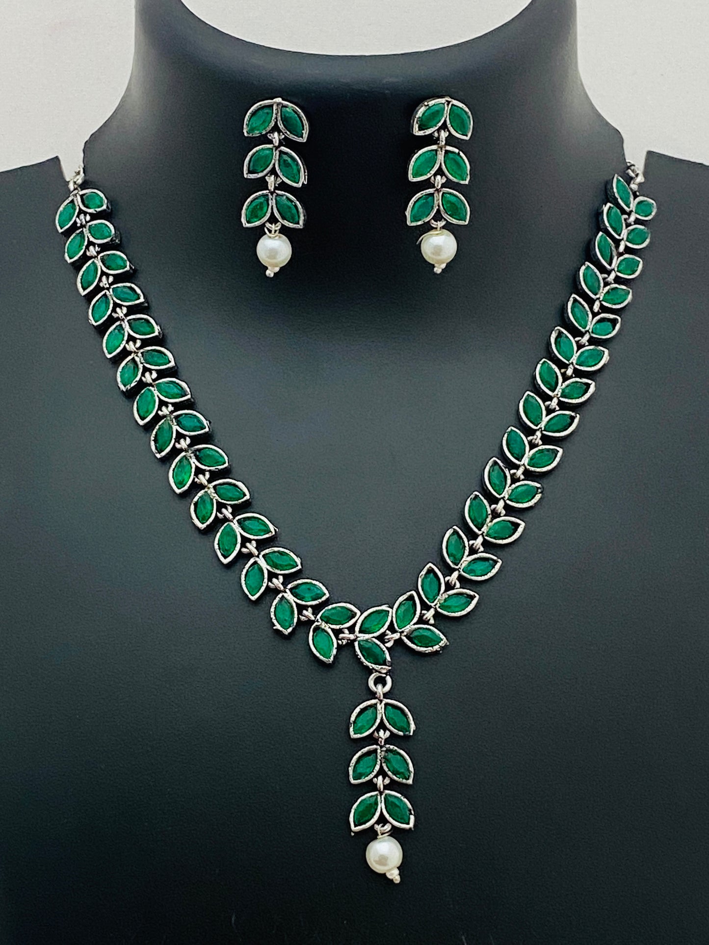 Leaf Shaped German Silver Plated Oxidized Necklace With Earrings in USA