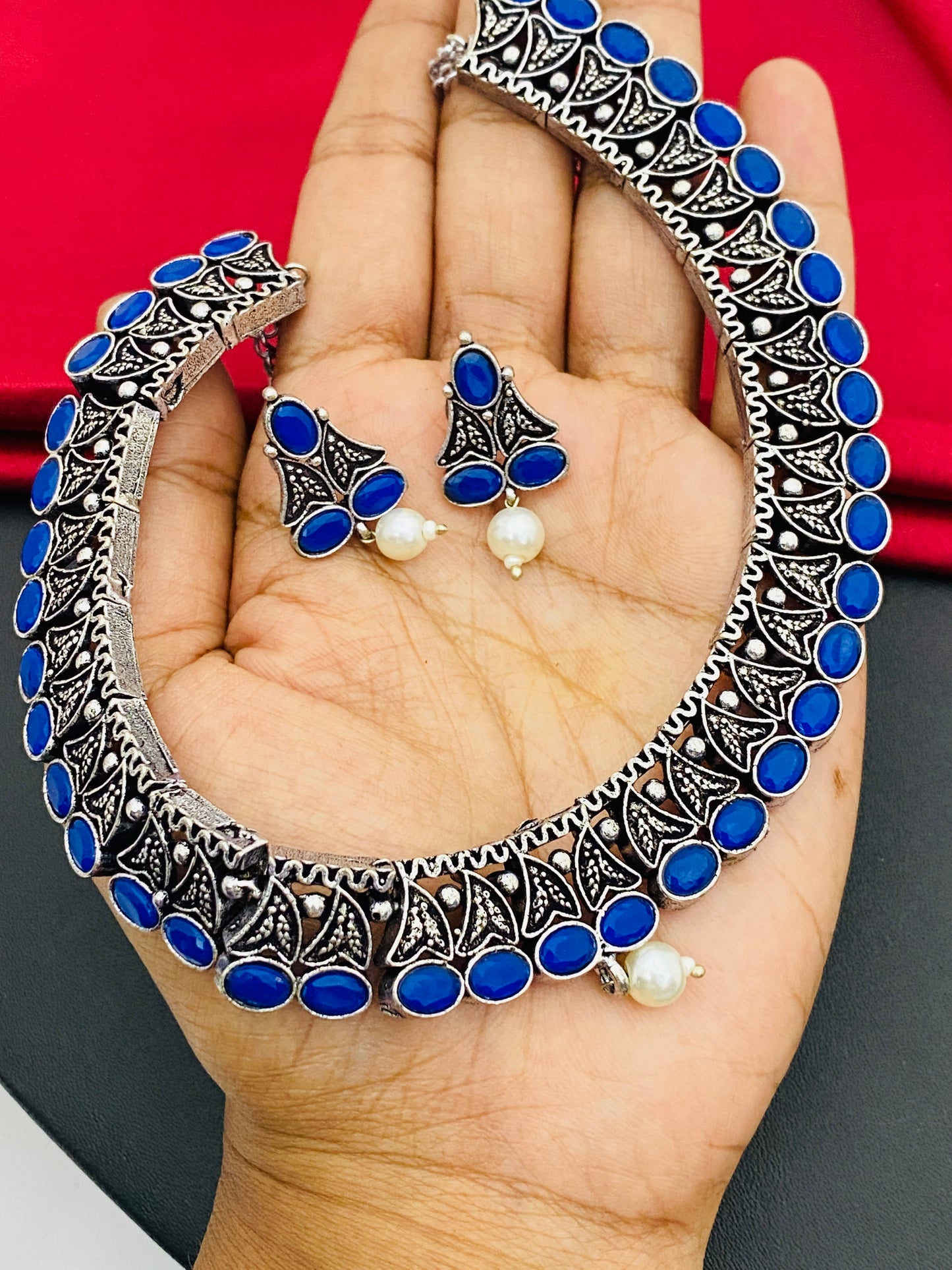 Dark Blue Stone Studded German Silver Plated Oxidized Necklace Set Near Me