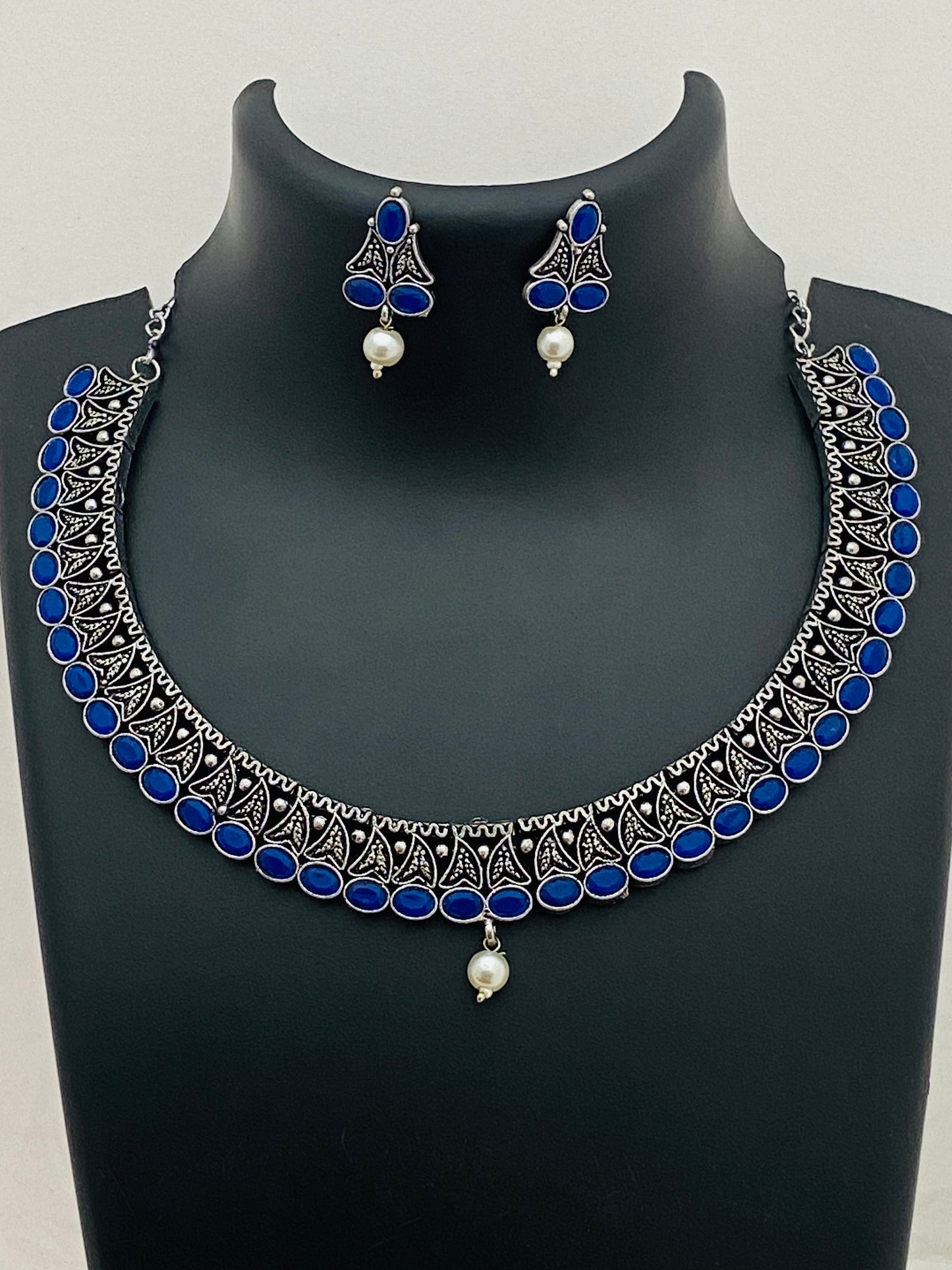 Gorgeous Dark Blue Stone Studded German Silver Plated Oxidized Necklace Set With Earrings