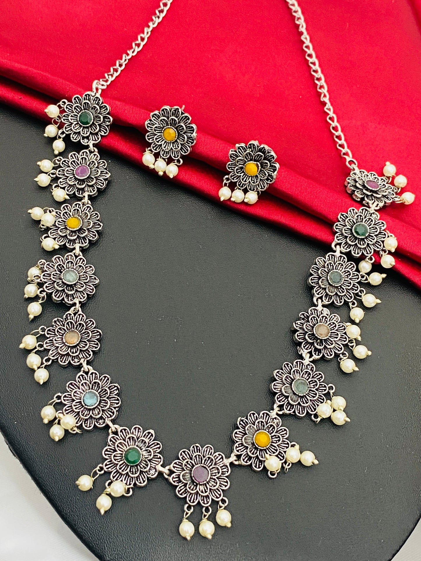 lower Style Multistone Studded Oxidized Necklace with Earring Set in USA