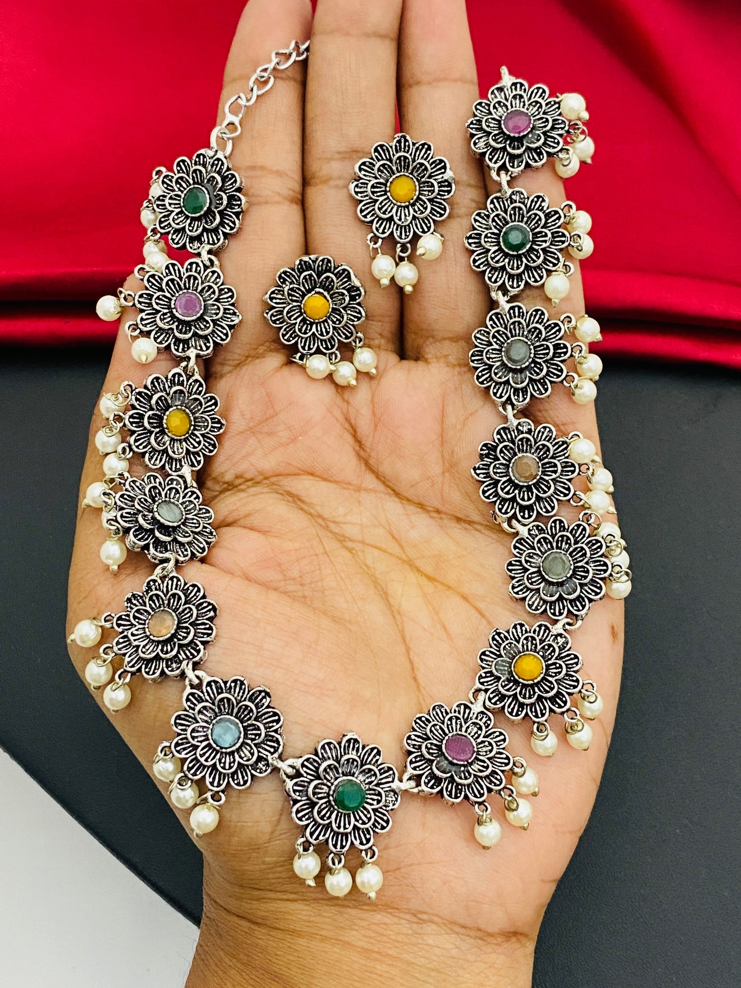 Flower Style Multistone Studded Oxidized Necklace Near me