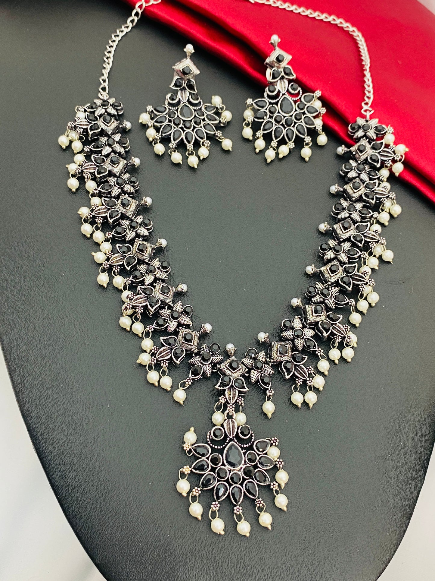 Beautiful Oxidized Designer Pearl Beaded Necklace With Earrings