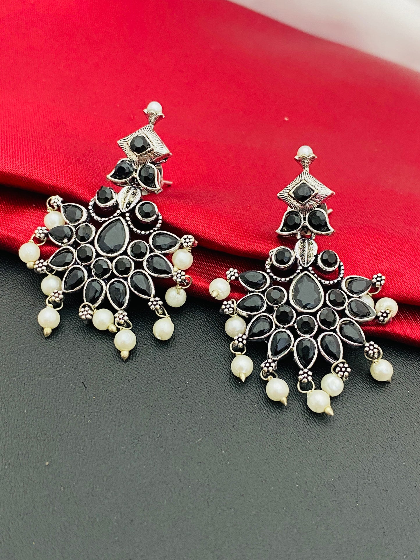 Beautiful Oxidized Designer Pearl Beaded Necklace With Earrings