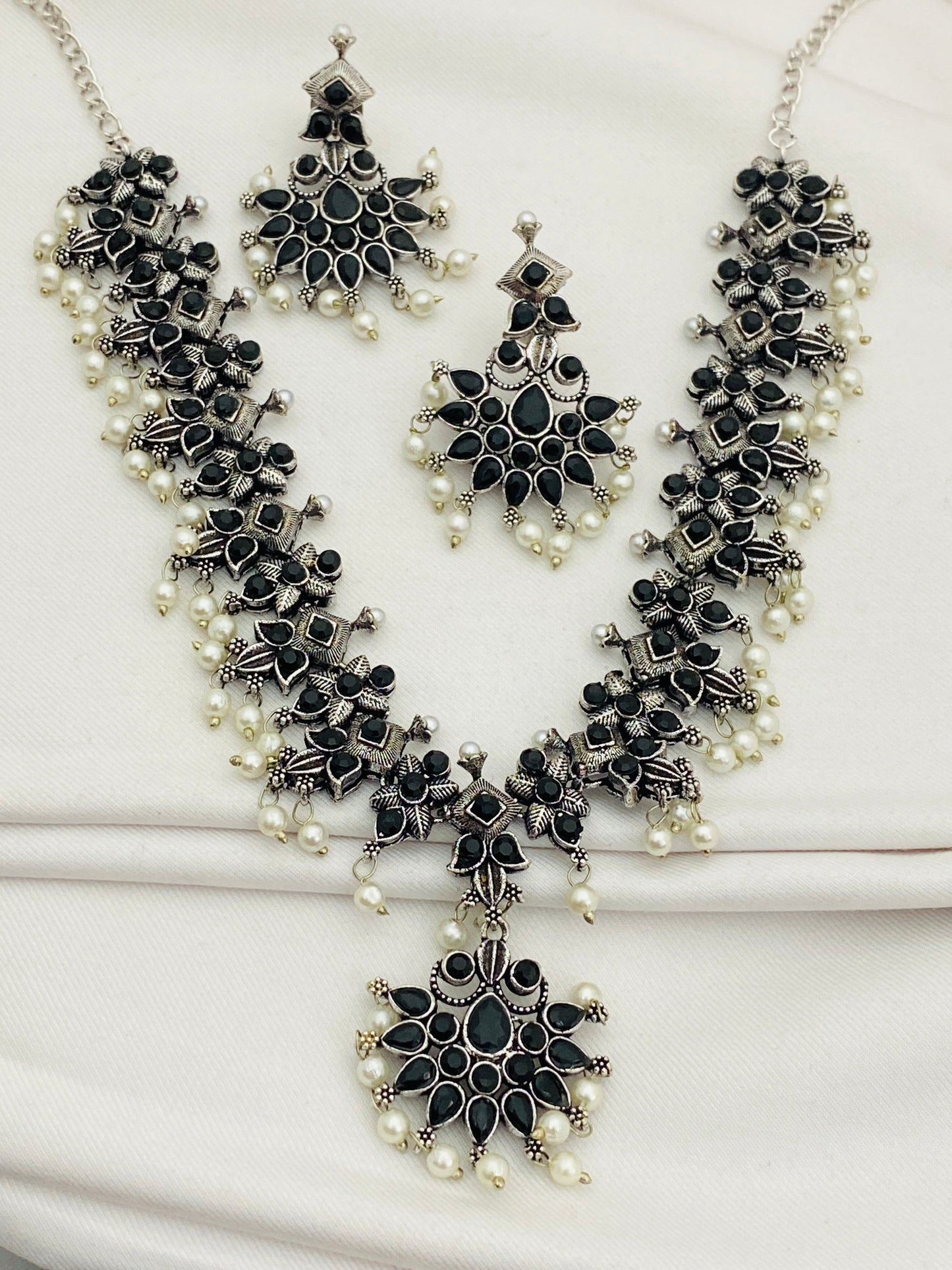Beautiful Oxidized Designer Pearl Beaded Necklace With Earrings