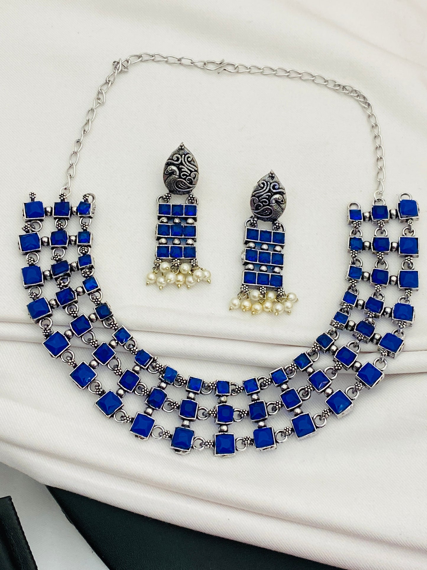 Magnificent Antique Silver Oxidized Trendy Choker Necklace With Earrings
